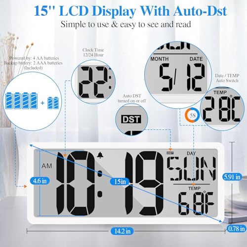 Large Digital Wall Clock with Backlight 15.2 Inch Digital Alarm Clock for Bedroom Wall Clocks Battery Operated Large Display with Temperature Desk Clocks for Office Living Room Decor - size: 15.2" Battery Operated with Backlight