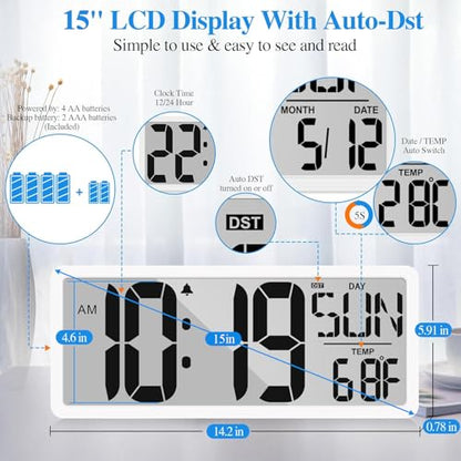 Large Digital Wall Clock with Backlight 15.2 Inch Digital Alarm Clock for Bedroom Wall Clocks Battery Operated Large Display with Temperature Desk Clocks for Office Living Room Decor - size: 15.2" Battery Operated with Backlight