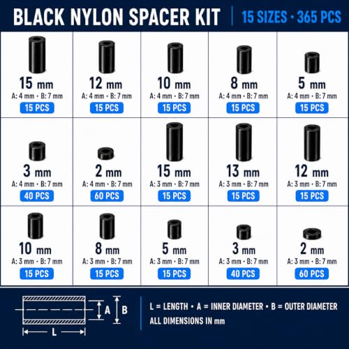 365-Piece Black Nylon Spacer Kit 3mm & 4mm ID 7mm OD - size: M3/M4