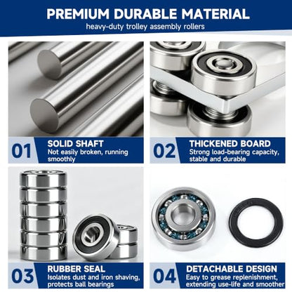 4 Wheel Trolley Assembly Rollers.Bearing Trolley Assembly.The top of the Trolley has Room for Set Screws, Allowing the use of a 1-5/8" high Strut Channel - style: A-4Wheel Trolley 2pcs