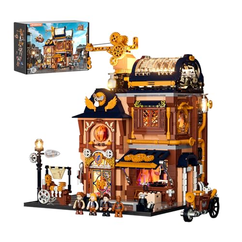 Lumibricks Steampunk Mechanical Workshop Lighting Building-Bricks Set, 2006 Pcs The Sky-Lane Repair Shop Modular Building from Aeronauts Collection Display Set for Adults and Steampunk Lovers