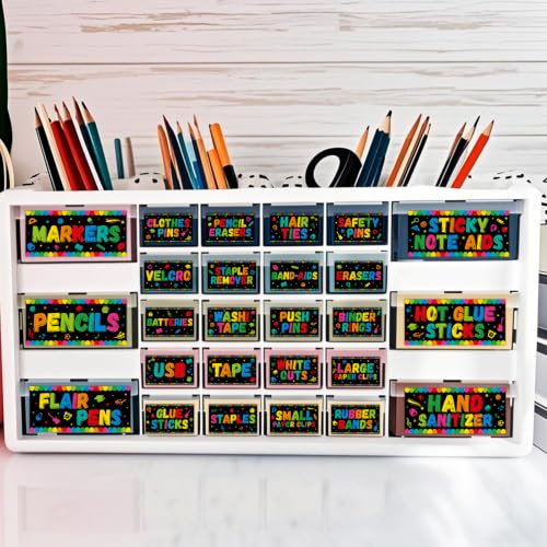 54PCS Classroom Toolbox Labels Classroom Decoration Self-Adhesive Colorful Toolbox Sticker Black Tool Box Storage Decal Rainbow Colored Organizer Container Decor for Back to School Teacher Supplies - style: Rainbow Colorful