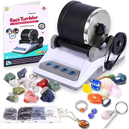 Rock Tumbler Kit - Turn Rough Rocks into Beautiful Gems with 7-Day Timer, Includes 2 Belts, Bag of Rough Stones, 4 Stages of Grits: Coarse, Fine, Polishing, Final Polishing