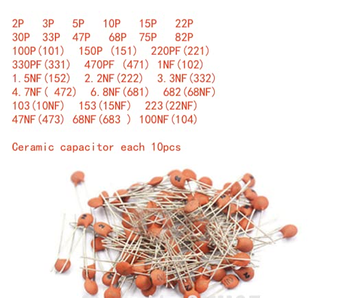 HiLetgo Ceramic Capacitor Assortment Kit DIP 2PF-100nF 30 Values Each 10pcs in Separate Bag 300pcs 50V
