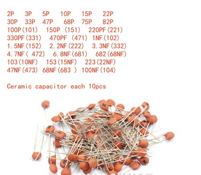 HiLetgo Ceramic Capacitor Assortment Kit DIP 2PF-100nF 30 Values Each 10pcs in Separate Bag 300pcs 50V