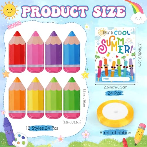 24 Sets End of Year Gifts for Students Bulk Summer Ice Pop Sleeves Reusable Colorful Pencil Freezer Ice Pop Holders Bags Cool Summer Cards Ribbons School Graduation Birthday Party Favors - style: Pencil