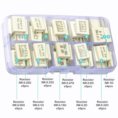 5W Cement Resistor Assortment Kit, 10 Values (0.05Ω–1Ω), 5% Tolerance, Low Ohm Ceramic Resistors, Power Resistor Set for DIY Projects (SH-Resistor-Kit)
