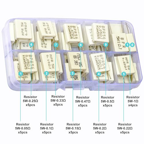 5W Cement Resistor Assortment Kit, 10 Values (0.05Ω–1Ω), 5% Tolerance, Low Ohm Ceramic Resistors, Power Resistor Set for DIY Projects (SH-Resistor-Kit)