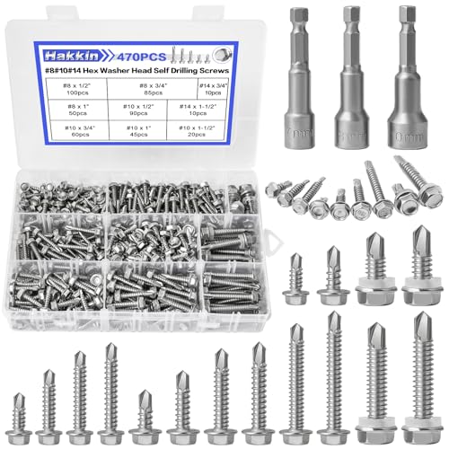 470Pcs Self Tapping Screws for Metal #8#10#14, Hakkin 410 Stainless Steel Self Drilling Screws Assortment Kit, Hex Washer Head Sheet Metal Screws Kit, Tek Screws 1/2" 3/4" 1" 1-1/2", Socket Included - size: N. #8#10#14