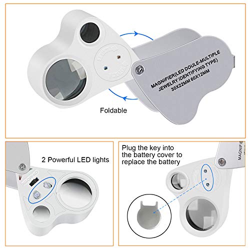 JARLINK 2 Pack 30X 60X Foldable LED Jewelers Loupe Magnifier - color: White