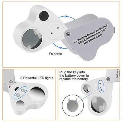 JARLINK 2 Pack 30X 60X Foldable LED Jewelers Loupe Magnifier - color: White