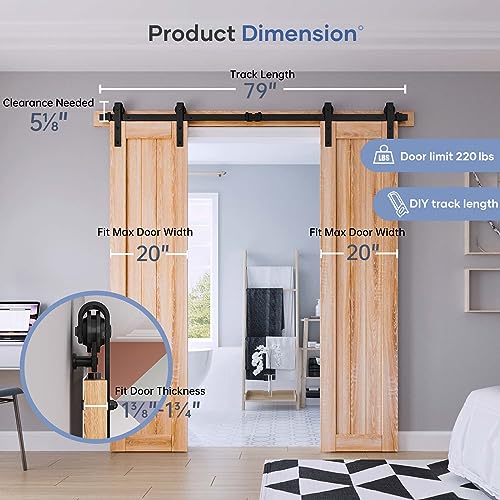 EaseLife 6.6 FT Double Door Sliding Barn Door Hardware Track Kit,Basic J Pulley,Heavy Duty,Slide Smoothly Quietly,Easy Install (6.6FT Track Kit for Double 20" Wide Door) - size: 6.6FT