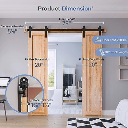 EaseLife 6.6 FT Double Door Sliding Barn Door Hardware Track Kit,Basic J Pulley,Heavy Duty,Slide Smoothly Quietly,Easy Install (6.6FT Track Kit for Double 20" Wide Door) - size: 6.6FT