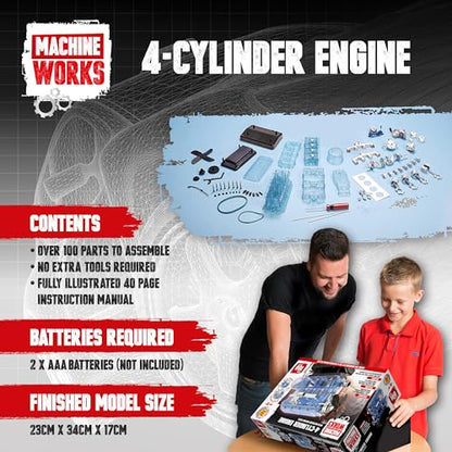 Machine Works Build Your Own Visible Model Engine Toys - Replica Model Building Kit 100+ Pieces- Features Working Sounds and Illuminiation, Internal Combustion Mechanics, Physics, STEM (4-Cylinder) - style: 4-Cylinder