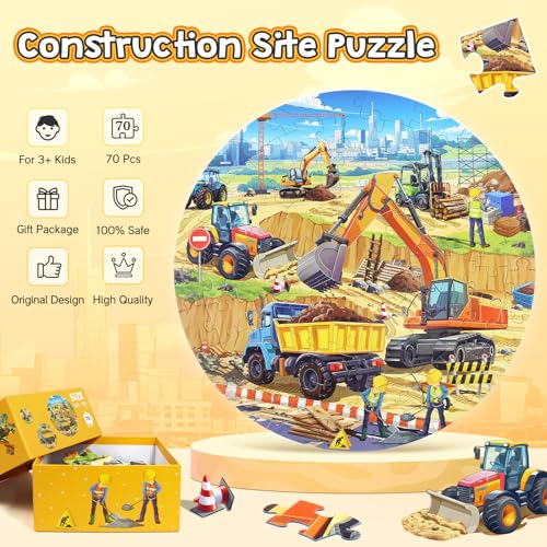 Floor Puzzles for Kids Ages 4-6, Large 70 Piece Construction Puzzles for Kids Ages 6-8 with Excavator Bulldozer Forklift Dumper Truck, Building Site Educational Toy Gifts for Boys Girls Children - style: Construction Site