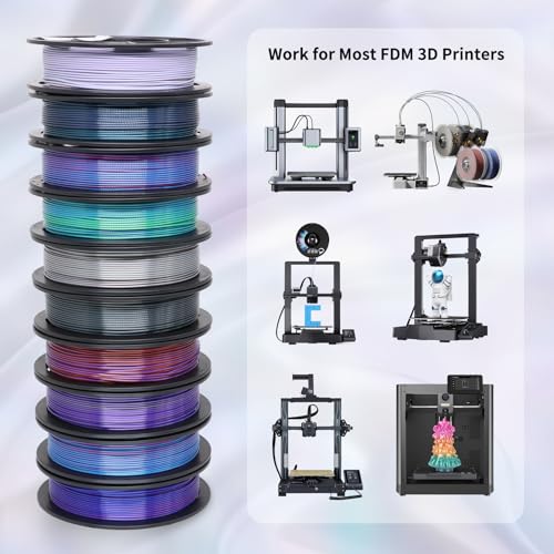 YOUSU 3D Printer Filament 1.75MM Silk PLA Filament Rainbow Color, 10 * 250g Pack Filament Bundle for 3D Printer. - color: 1-rainbow Color Pack