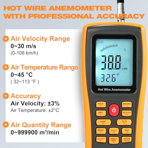 Hotwire Anemometer Handheld Anemometer with Telescopic Probe Wind Speed Meter with Backlight for Airflow Air Velocity Temperature CFM Meter Used in HVAC, Marine (Model AMF029) - size: Model 2