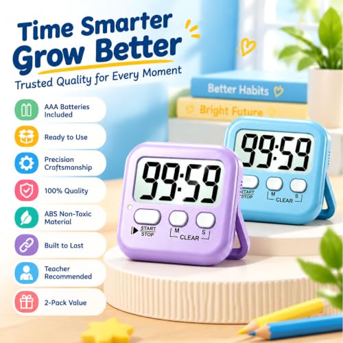 Antonki 2 Pack Digital Timer for Kids Classroom Kitchen Timers for Cooking - color: Sky Blue + Lavender Purple
