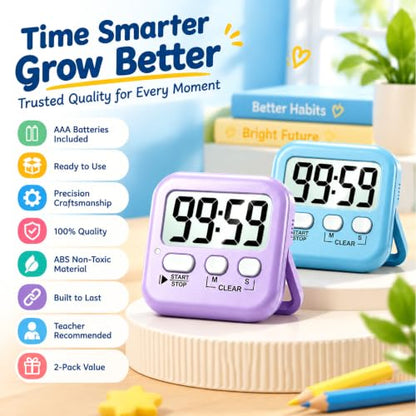 Antonki 2 Pack Digital Timer for Kids Classroom Kitchen Timers for Cooking - color: Sky Blue + Lavender Purple
