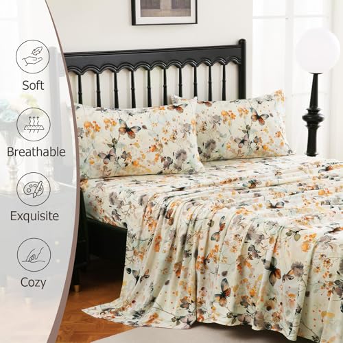 CozySmile Queen Size Printed Sheet Set Soft & Breathable Bedding Deep Pocket 16" Cooling Wrinkle Free Comforter Bed Set Botanical Pattern Sheets (Queen, Butterflies Dancing) - color: A-butterflies Dancing, size: Queen