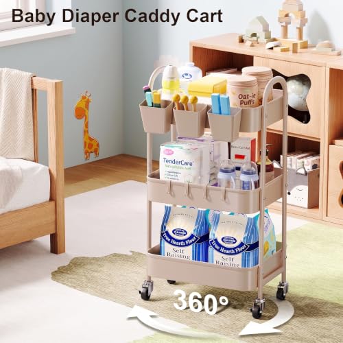 3 Tier Khaki Metal Utility Rolling Cart, Storage Carts with Lockable Wheels - color: Rustic Khaki, size: 3 tier