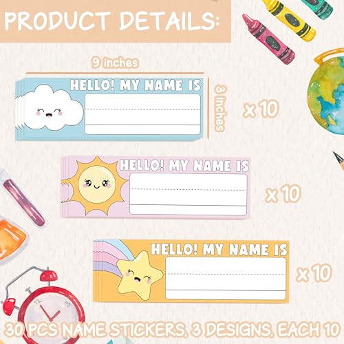 Name Tags for Classroom & Cubby | 3×9 Inches 30 Pcs - style: SMILE WEATHER