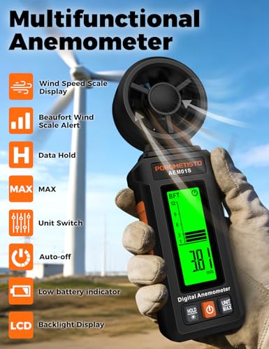 AEM01S Anemometer, POROMETISTO, 3‑Color Alarm & Green Backlit Wind Meter