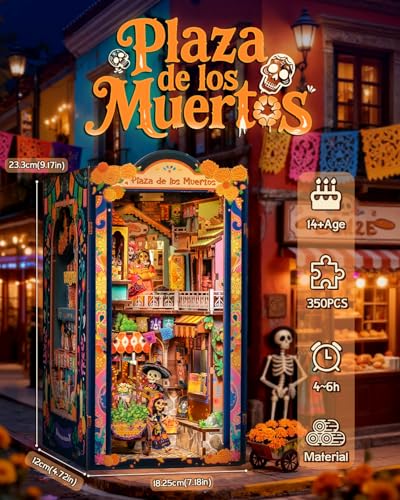 CUTEBEE Book Nook Kit - Mexican Fiesta DIY Miniature Dollhouse, Vibrant LED Bookshelf Decor Alley Model for Adults Teens, Gifts for Family and Friends（Plaza de Los Muertos） - color: Day of the Dead