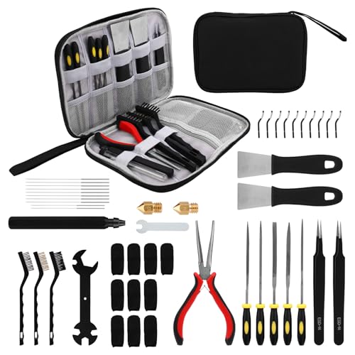 64pcs 3D Printer Tools Kit with Storage Case, 3D Printer Accessories with Cleaning Brush Cleaning Needle Wrench Scraper Tweezers Metal Files Brass Nozzle Deburring Tool for Bambu Lab 3 Kobra