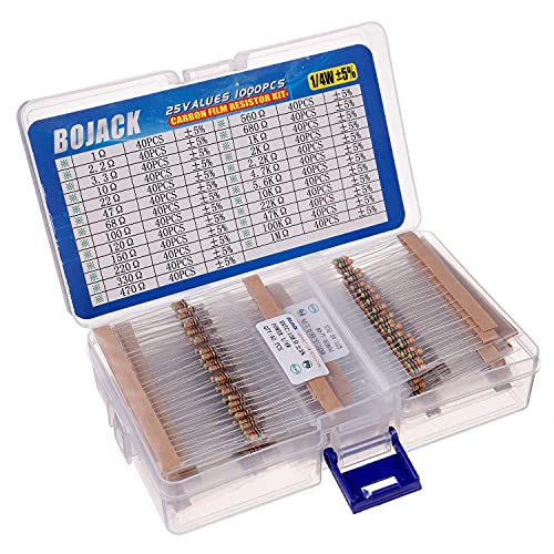 BOJACK 1000 Pcs 25 Values Resistor Kit 1 Ohm-1M Ohm with 5% 1/4W Carbon Film Resistors Assortment - size: 1/4 W