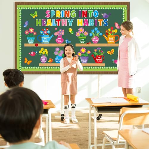 Spring Mental Health Awareness Bulletin Board Decorations Set Spring into Health Habits Theme Classroom Board Decor Flower Butterfly Bird Paper Cutouts for School Door Wall Chalkboard Party Supplies - style: Spring