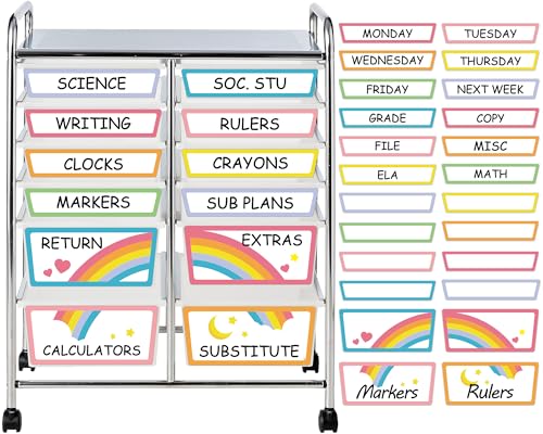 48 PCS Rolling Cart Labels Pastel Drawer Rolling Storage Cart Labels Pastel Classroom Decors Teacher Must Have 10 and 12 Drawers Carts Label for Back to School Teachers Office Classroom Organization - style: Pastel