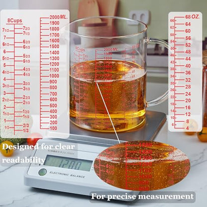 Ackers BORO3.3 Glass Measuring Cup-[Insulated handle | V-Shaped Spout]-Made of High Borosilicate Glass Measuring Cup for Kitchen or Restaurant, Easy to Read, 2000 ML (64 Oz, 8 Cup) - size: 2000ml/64OZ