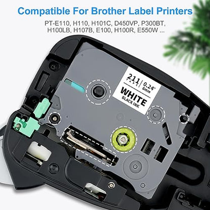 4-Pack Compatible for Brother Tze-211 1/4 Inch Black on White Label Tape - color: Black on White