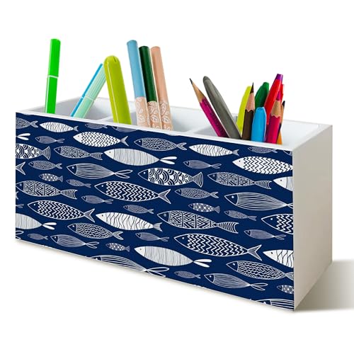 Navy Blue Coastal Beach Fish Pen Pencil Holder for Desk, Fishing Gifts for Women Men, Retro Minimalist Ocean Tropical Fish Wooden Signs Desk Organizer for Home Office Decor - color: Fish