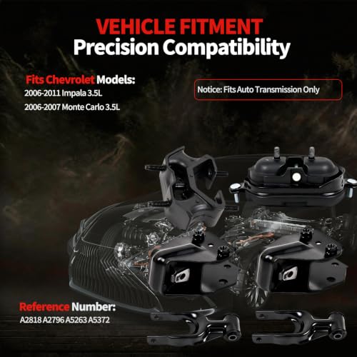 Engine Motor Mount Set 6PCS Compatible with 2006-2011 Chevrolet Impala 3.5L, 2006-2007 Monte Carlo Replaces A5263 A2906 A5372 A2818, Front Rear Left Right Support - style: 2006-2011 Chevrolet Impala 3.5L