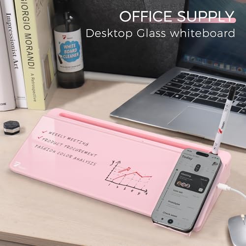 TOWON Glass Desk Whiteboard 17x6 in, Wireless Charger and Storage, Pink - color: Charger Pink