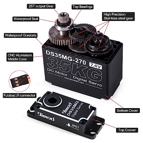 35KG Waterproof High Torque Servo 7.4V Coreless RC Steering Servo Motors Metal Gear Digital Servo for 1/8 1/10 1/12 RC Car, R/C Model DIY Car Robot High Speed Servo with 25T Servo Horn, 270 Degree