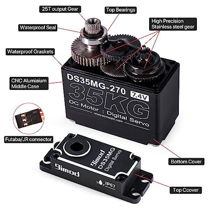 35KG Waterproof High Torque Servo 7.4V Coreless RC Steering Servo Motors Metal Gear Digital Servo for 1/8 1/10 1/12 RC Car, R/C Model DIY Car Robot High Speed Servo with 25T Servo Horn, 270 Degree
