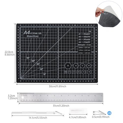 A4 Self Healing Cutting Mat & Carving Craft Knife with 5 Extra Blades and Stainless Steel Cork Ruler 12 inch / 30cm Dual Scale for DIY Art Work Cutting, Hobby, Stencil, Scrapbooking Stencil
