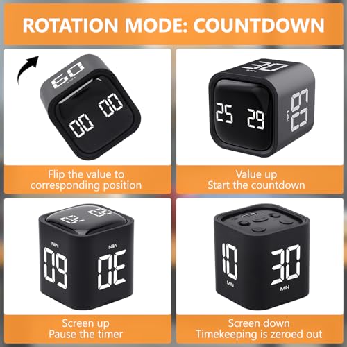 GuDoQi Multi-Function Cube Timer, 5/10/30/60 Min & Custom Count Down, Included Pause & Resume Feature, Silent, Vibrate & Adjustable Sound Alarm for Productivity in Tasks, Study & Kitchen, Black - color: Black