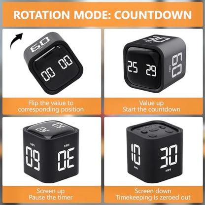 GuDoQi Multi-Function Cube Timer, 5/10/30/60 Min & Custom Count Down, Included Pause & Resume Feature, Silent, Vibrate & Adjustable Sound Alarm for Productivity in Tasks, Study & Kitchen, Black - color: Black