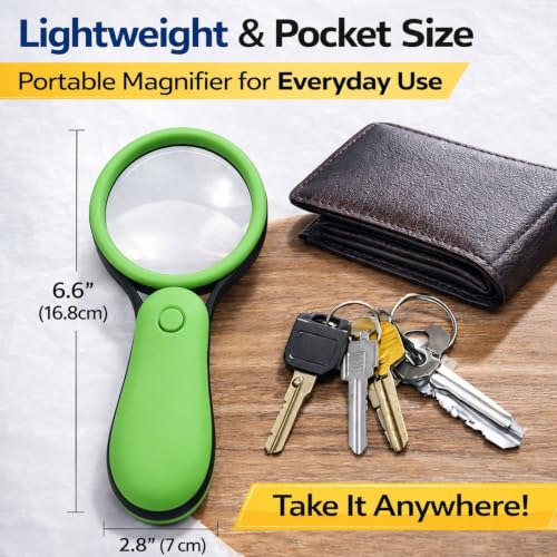 Green LED Magnifying Glass with Light, Senior Reading Aids, Lightweight Handheld Pocket Magnifier, Non-Breakable Lens, Portable Easy to Use, Jewellery, Coins, Inspection & Hobby Exploration - color: Green