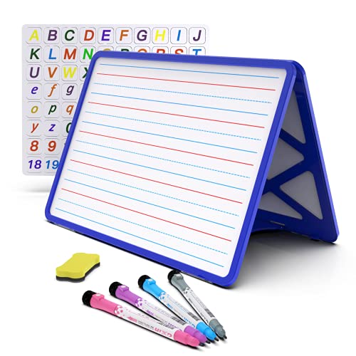 Small Dry Erase White Board with Stand, Double Sided Dry Erase Board for Kids, Foldable Small White Board Portable Mini Whiteboard with Lines & Holder for Home School Office - color: Blue