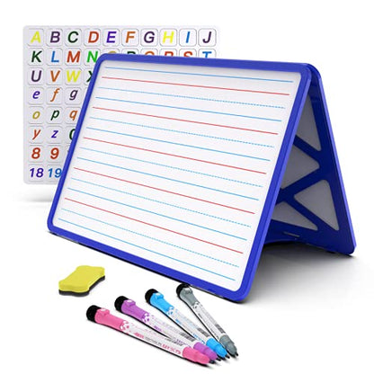 Small Dry Erase White Board with Stand, Double Sided Dry Erase Board for Kids, Foldable Small White Board Portable Mini Whiteboard with Lines & Holder for Home School Office - color: Blue