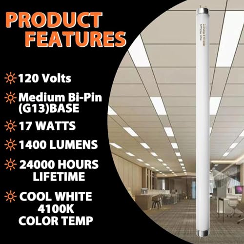 Konideke 8 Pack 24 inch F17T8/841 17 Watts Light Bulb, 2 Foot Straight Fluorescent Tube T8 Tube Light, 4100K Cool White 1400 Lumen G13 Medium Bi-Pin Cap 8 Count - color: Cool White, size: 8 Count-17W