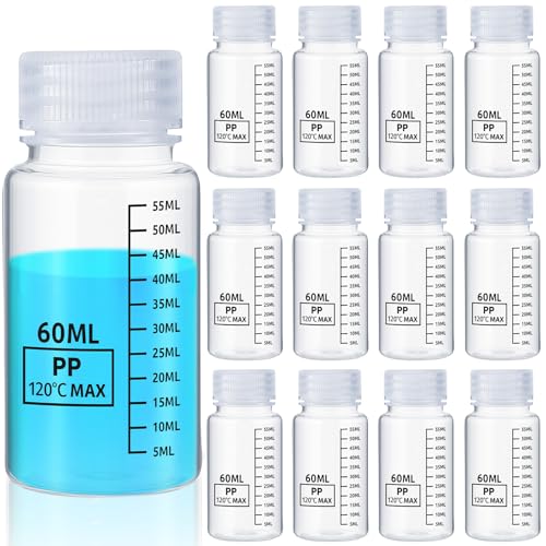 Tatuo 12 Pcs 2oz 60 ml Plastic Sample Bottles with Screw Cap, Liquid Containers with Lid for Lab Reagent Sample Medicine Pill Water Storage, Travel Bottles(Clear,Wide Mouth-Dark Scale) - color: Clear, size: 2 oz 60 ml, style: Wide Mouth-dark Scale