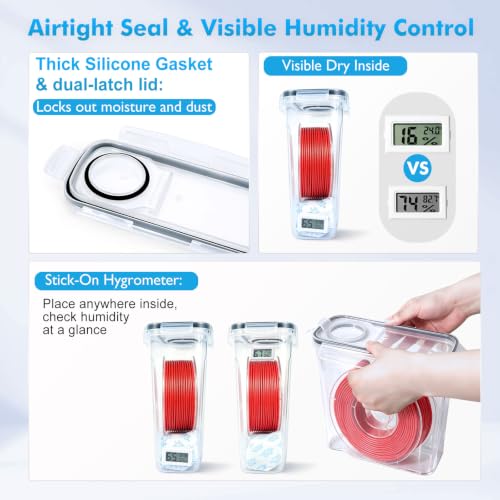 4 Pack Filament Storage Box - 4L 3D Printer Filament Containers with 4 Hygrometers, Airtight Dry Boxes for Sealing and Protection, with Water-Proof & Dust-Proof, Reusable Desiccant