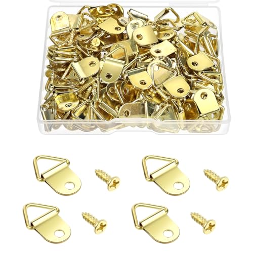 100 Pack Steel Picture Hangers with 100pcs 8mm Screws, Small Triangle Ring, Light Duty D Rings for Clock, Decoration, Mirror, Paintings, Artwork Picture Frame (Gold) - color: Gold