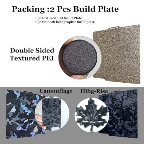2pcs with 3 Patterns Smooth Camouflage+High Rise Build Plate and Textured PEI Sheet 257x257mm, Double Sided Flexible 3D Printer Platform for Bambu Lab X2D/A1/X1/X1C/X1E/P1P/P1S 3D Printers - color: GLMC&PEI(2PC)